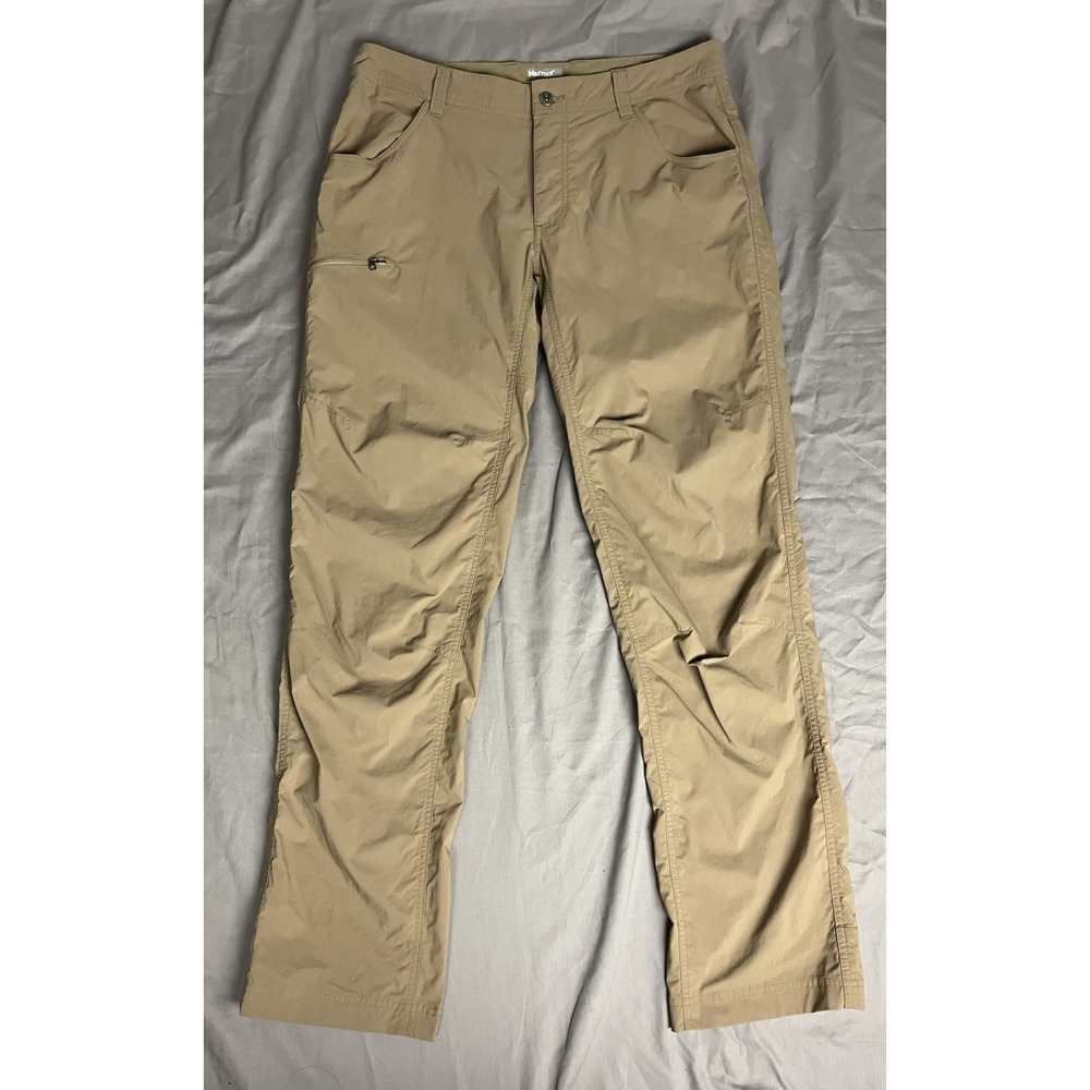 Marmot Mens 34 Hiking Pants Tan Khaki Nylon Stretch Outdoor Travel Zip Pocket